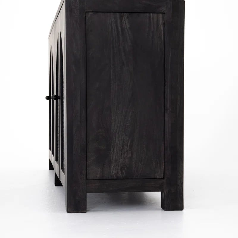 Contemporary Black Mango Wood & Iron Sideboard with Arched Cane Panels