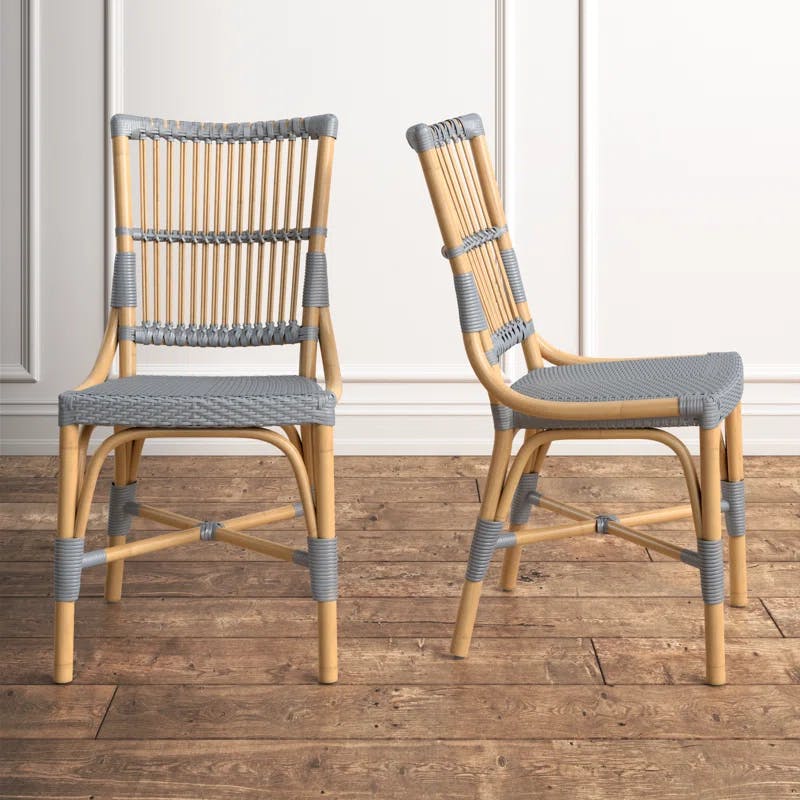 Modern French-Inspired Gray Rattan Slat Back Side Chair