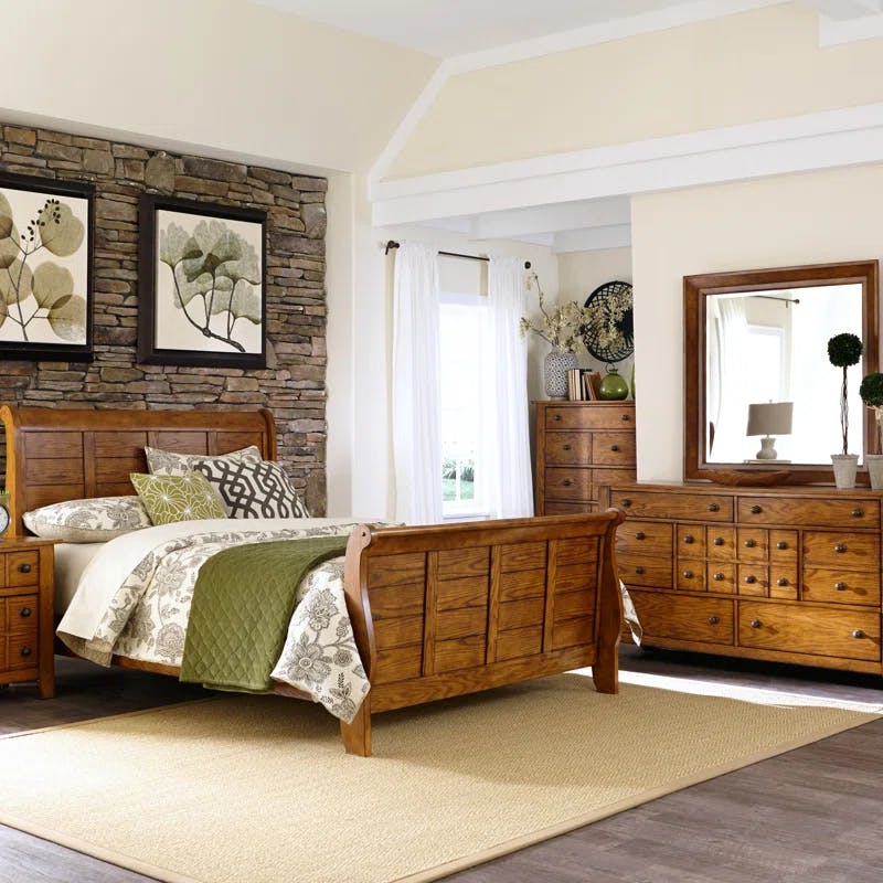Grandpa's Cabin Aged Oak Queen Sleigh Bedroom Set with Dresser & Mirror
