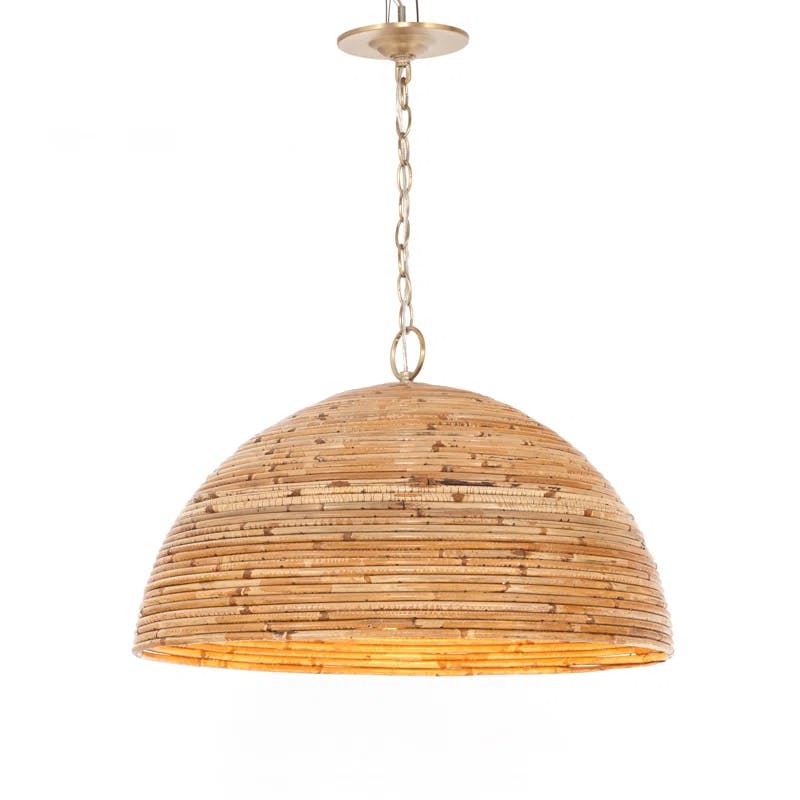 Satin Brass 60W LED Bowl Pendant with Natural Rattan Shade