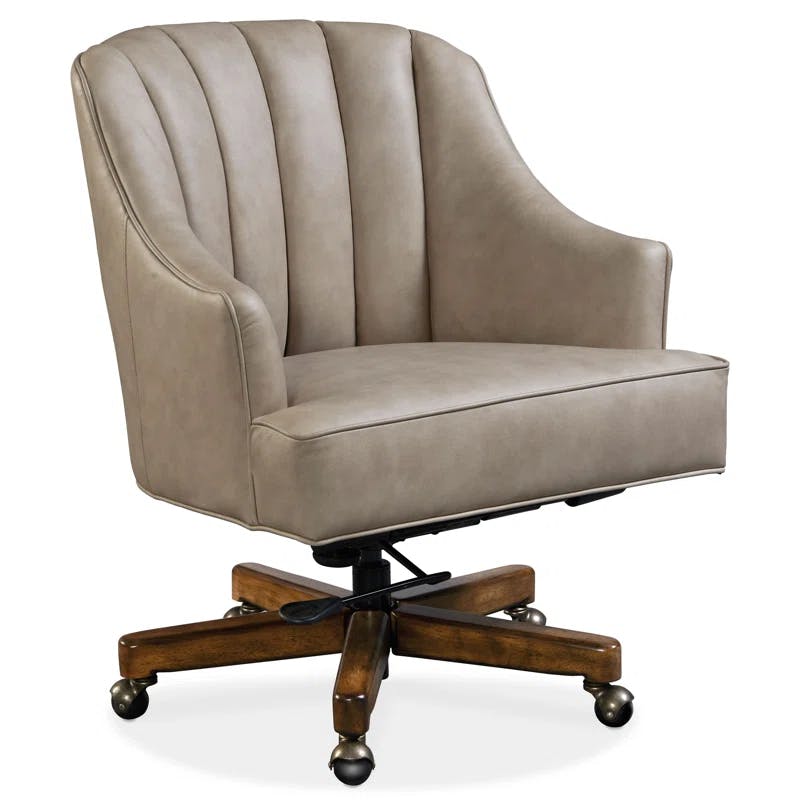 Haider Transitional Beige Leather Executive Swivel Chair with Dark Wood Base