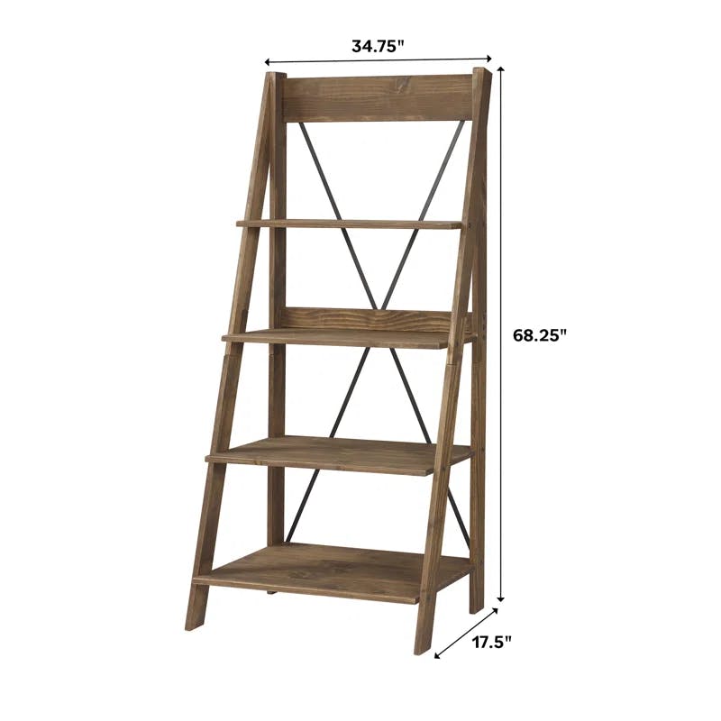 Pine Wood 68'' Brown Ladder Bookshelf with Metal X Design