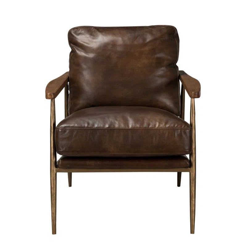 Transitional Handcrafted Antique Brown Leather Accent Chair