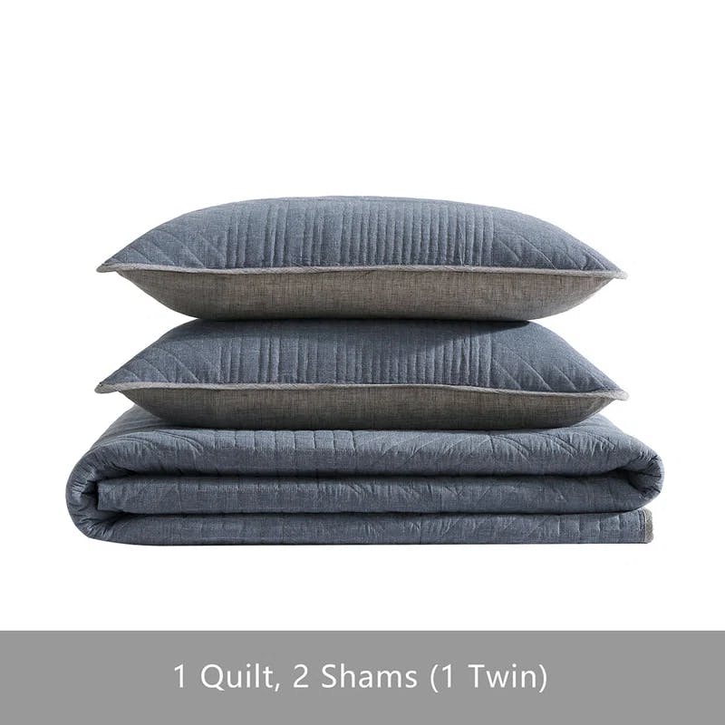 Casual Comfort King Cotton Quilt Set in Washed Denim Blue with Reversible Chrome Gray