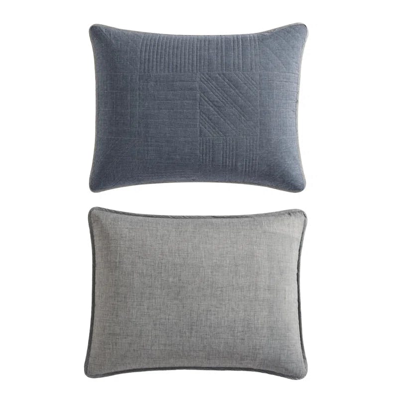 Casual Comfort King Cotton Quilt Set in Washed Denim Blue with Reversible Chrome Gray