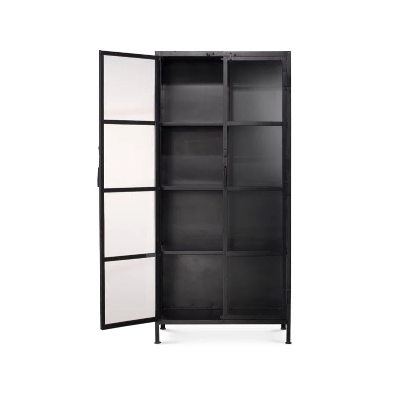 Sleek Black Metal and Glass Minimalist Curio Cabinet