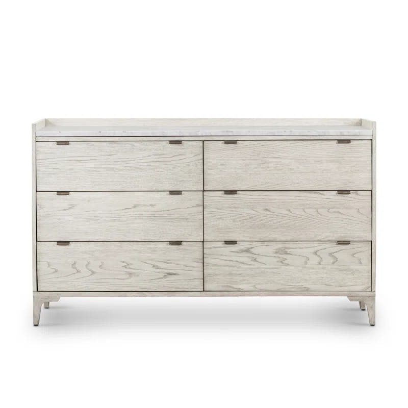 Elegant Vintage White Oak and Italian Marble 6-Drawer Dresser