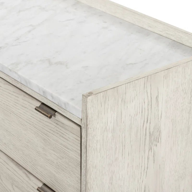 Elegant Vintage White Oak and Italian Marble 6-Drawer Dresser