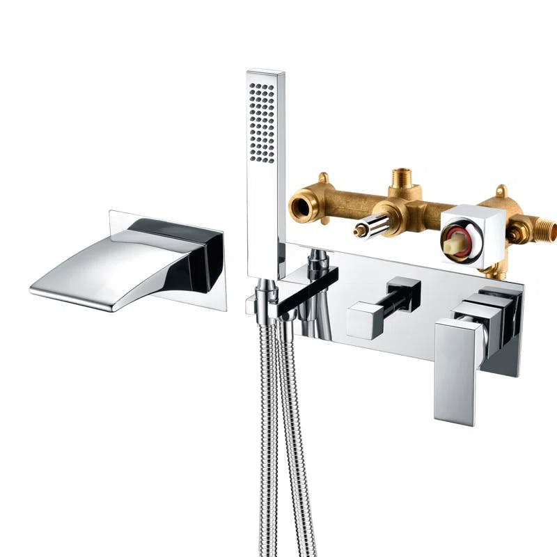 Sleek Chrome Wall-Mount Waterfall Tub Faucet with Hand Shower