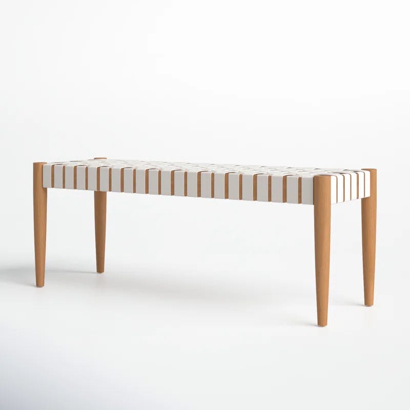 Amalia 47'' Transitional White Leather & Oak Weave Bench