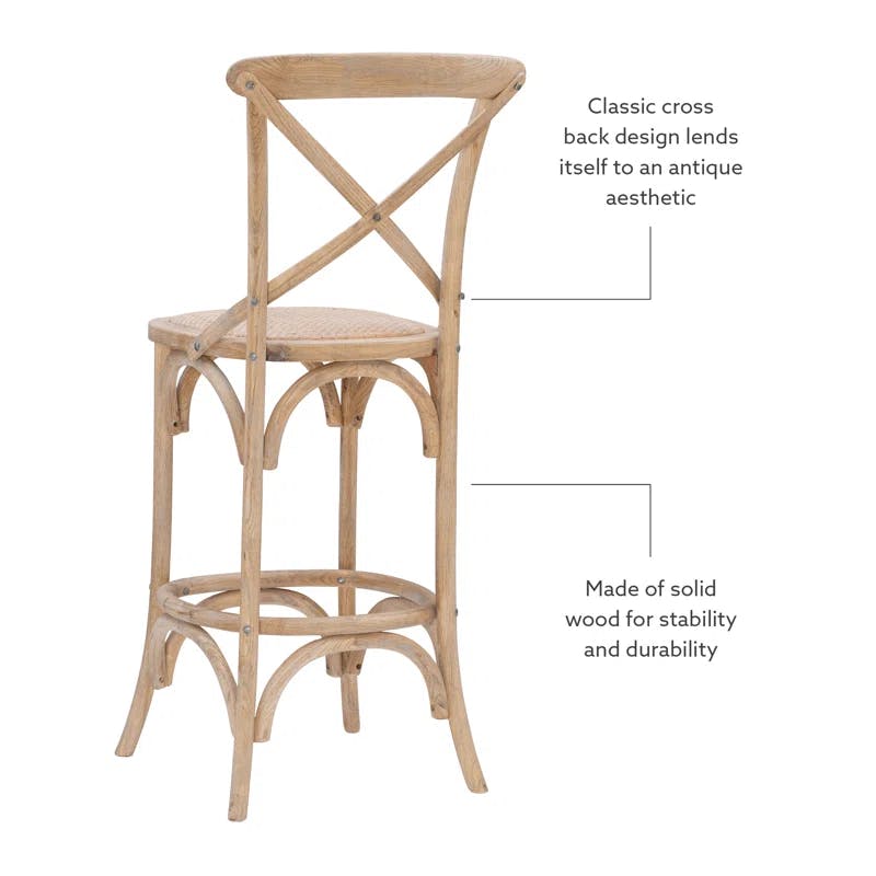 Larghetto Elm Wood and Rattan Country Charm Barstool, Gray