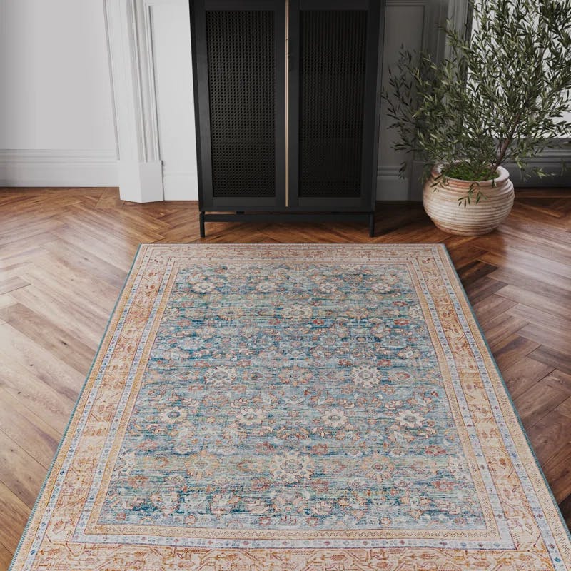 Easy Care Washable Blue Synthetic 5' x 7' Rectangular Rug