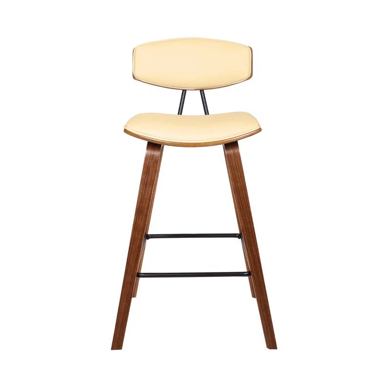 Contemporary Cream Faux Leather & Walnut Wood Counter Stool