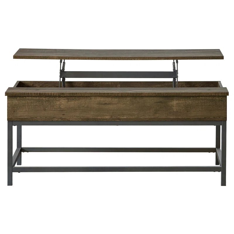 Transitional Brown Oak & Black Metal Lift-Top Coffee Table with Storage