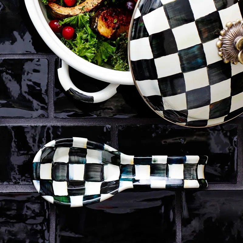 Courtly Check Enamel Oval Spoon Rest in Black/White