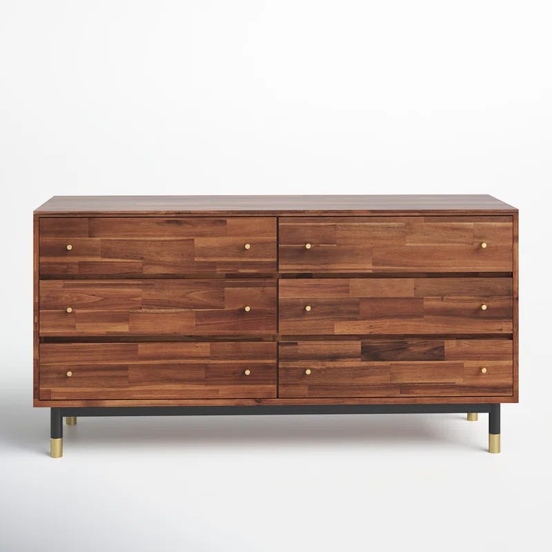 Dakota Mid-Century Solid Acacia Wood 6-Drawer Dresser with Gold Accents