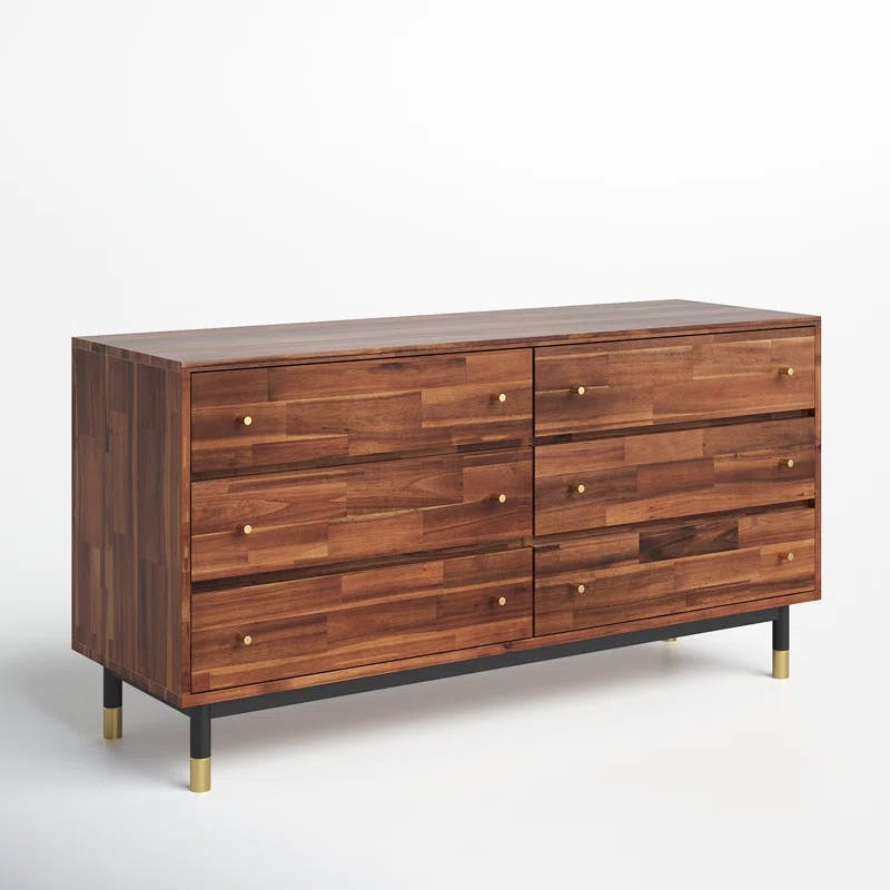 Dakota Mid-Century Solid Acacia Wood 6-Drawer Dresser with Gold Accents