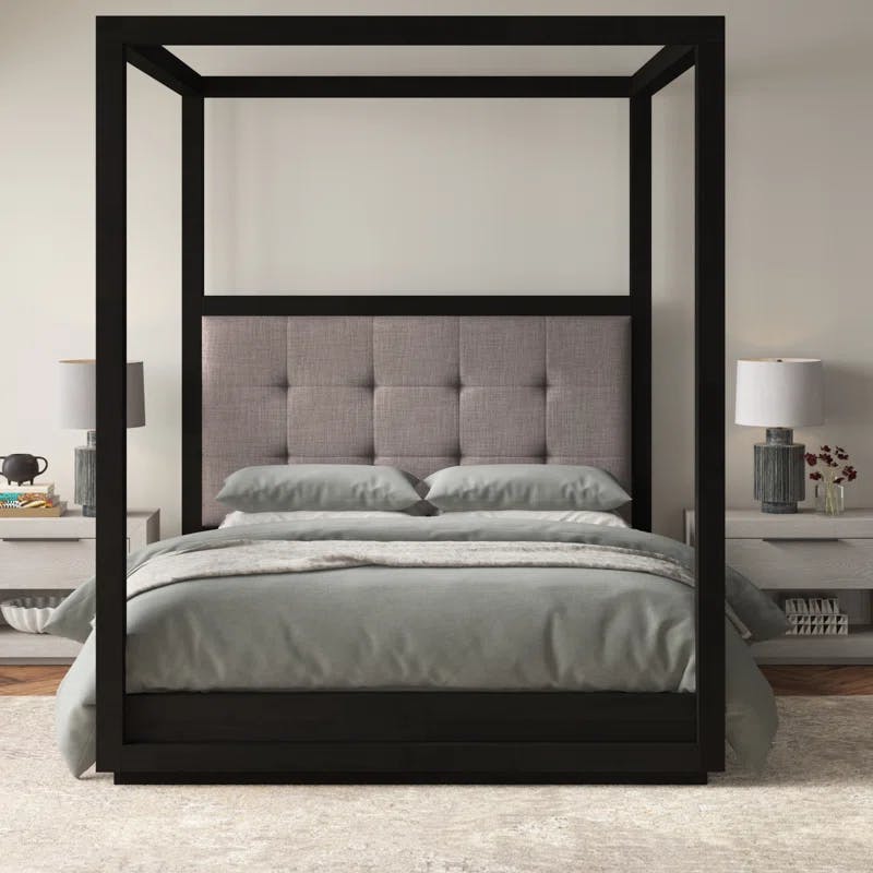 Distressed Basalt Gray and Dolphin King Canopy Bed with Nickel Accents