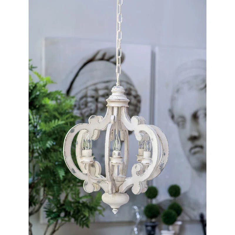 Antiqued White Wood and Metal 6-Light Geometric Chandelier