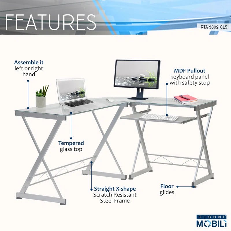 Reno Clear L-Shaped Glass Computer Desk with Keyboard Tray