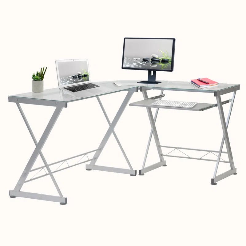 Reno Clear L-Shaped Glass Computer Desk with Keyboard Tray