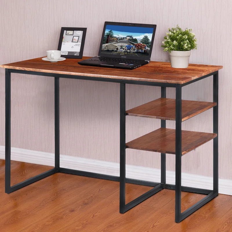 Minimalist Acacia Wood and Black Metal Desk with Side Shelves