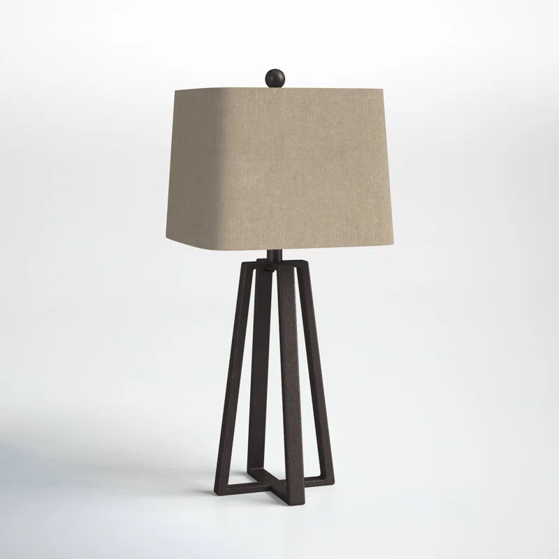 Rustic Bronze Geometric Table Lamp with Linen Shade