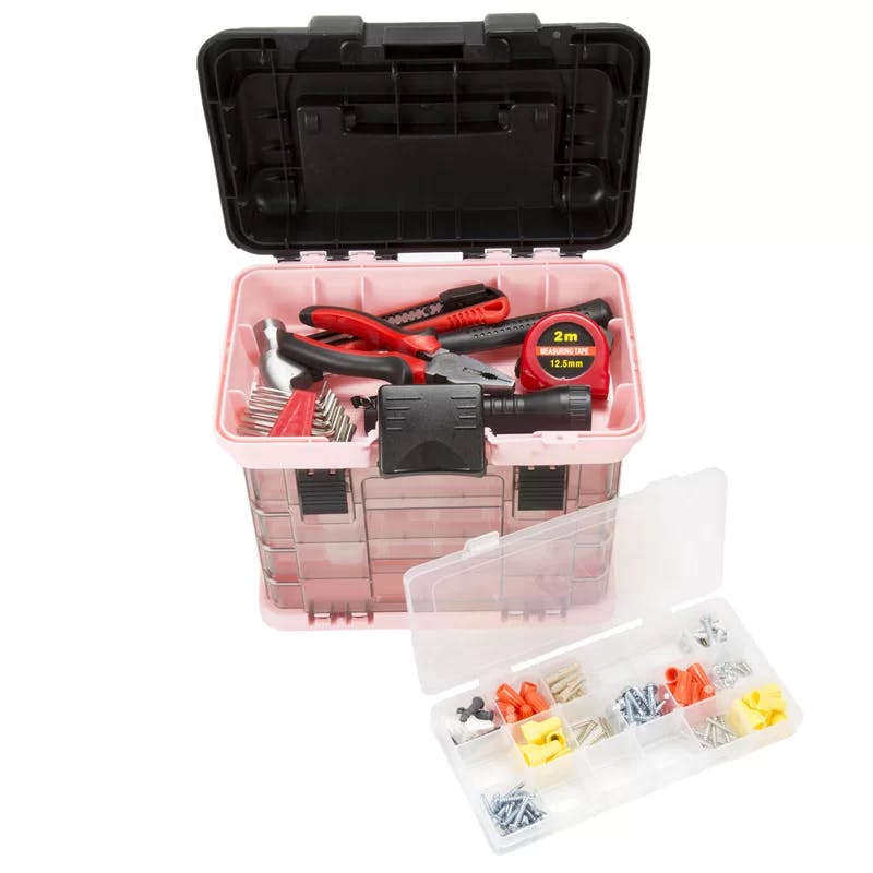 Stalwart Compact Pink Tool Box with 4 Removable Organizers