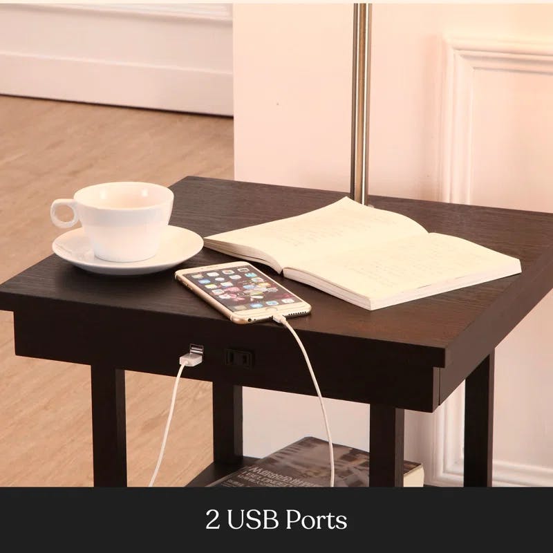 Madison Mid-Century Modern Black Wood & Metal LED Side Table with USB Port