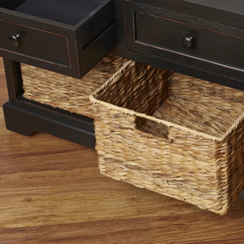 Transitional Gray Pine Wood Storage Bench with Wicker Baskets