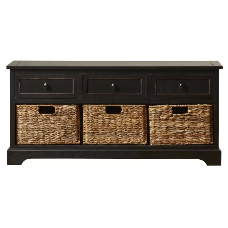 Transitional Gray Pine Wood Storage Bench with Wicker Baskets