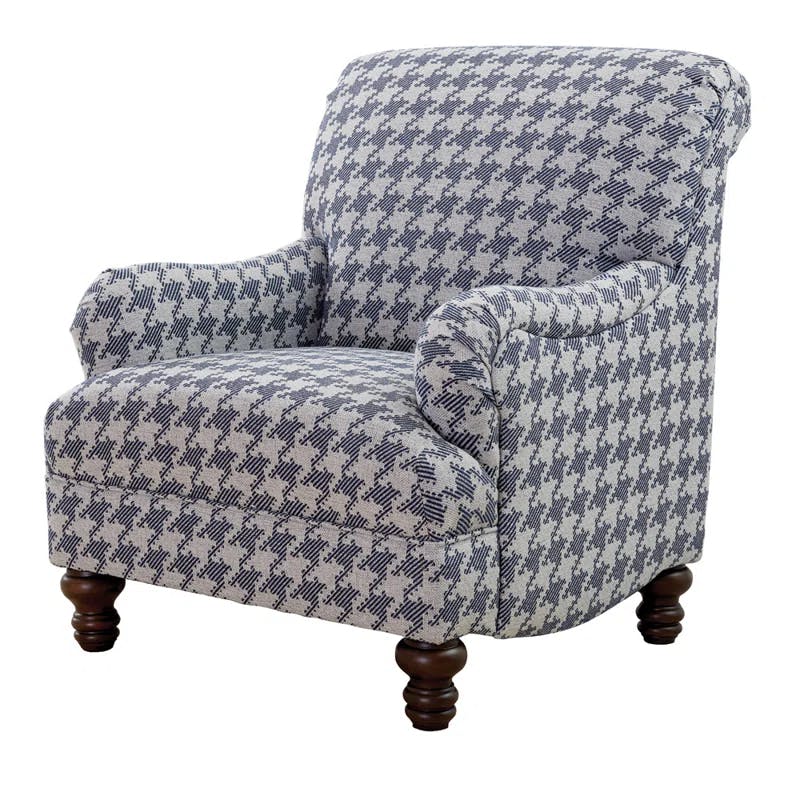 Transitional Blue Houndstooth Accent Chair with Espresso Turned Legs