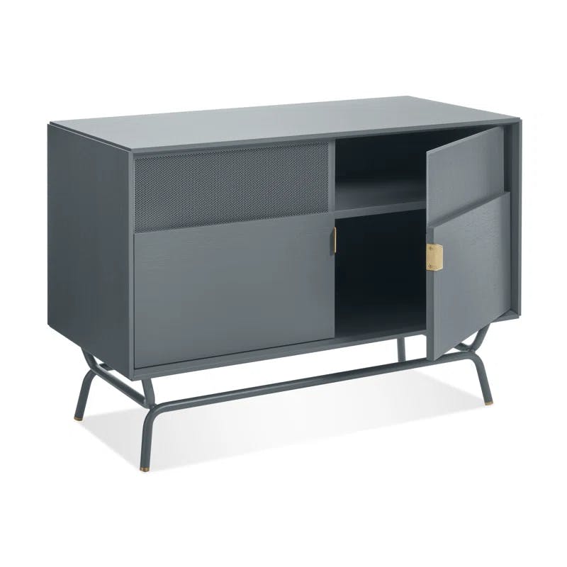 Marine Blue Perforated Steel TV Stand with Brass Details