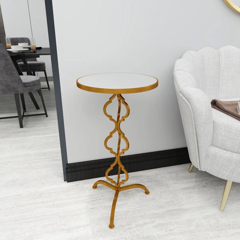 Elegant Gold Quatrefoil Metal & Mirrored Glass Accent Table