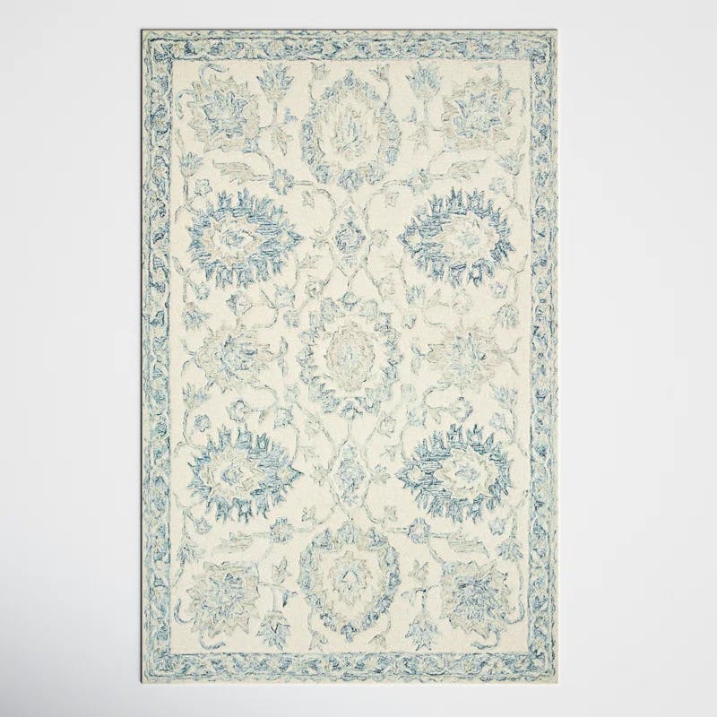 Ivory Blue Oriental Handmade Wool Area Rug - 3'6" x 5'6"