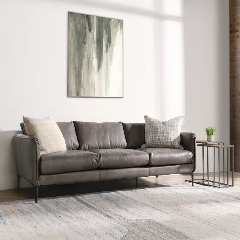 Mid Gray Luxe Leather Track Arm Sofa with Subtle Curves