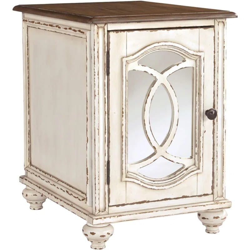 Antiqued Two-Tone Mirrored Cottage End Table with Storage