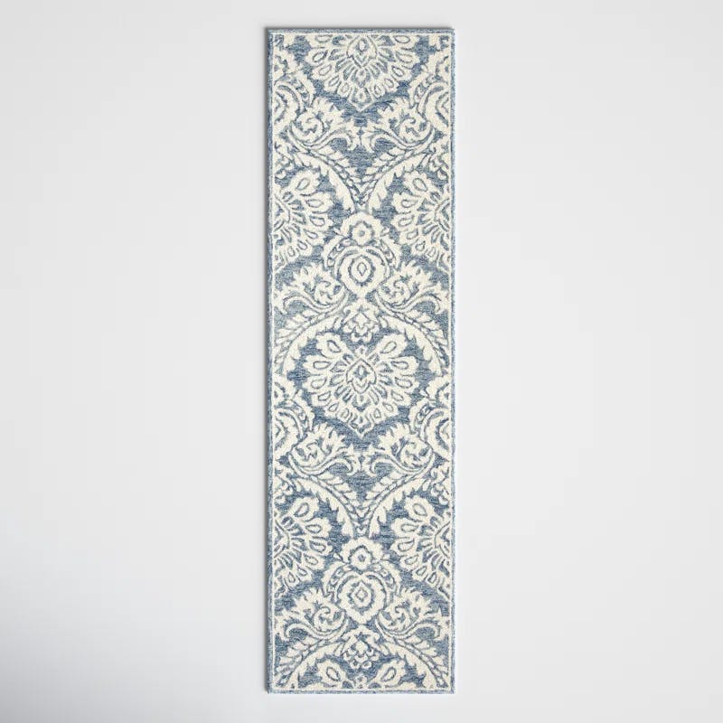 Luxe Tufted Handmade Wool & Cotton Runner Rug in Blue and Ivory