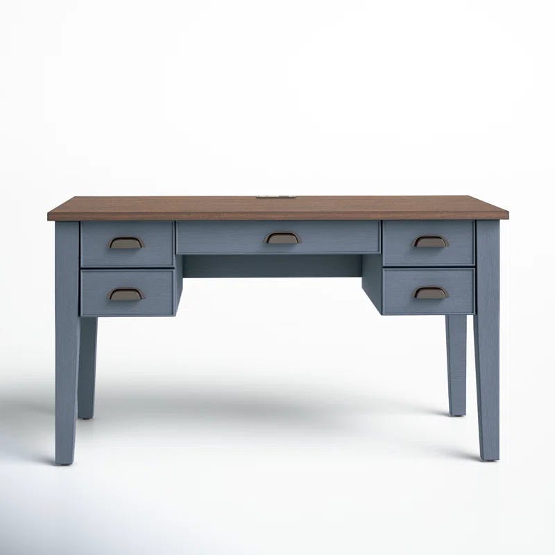 Transitional Blue-Brown Wood Executive Desk with Power Outlet and Drawers