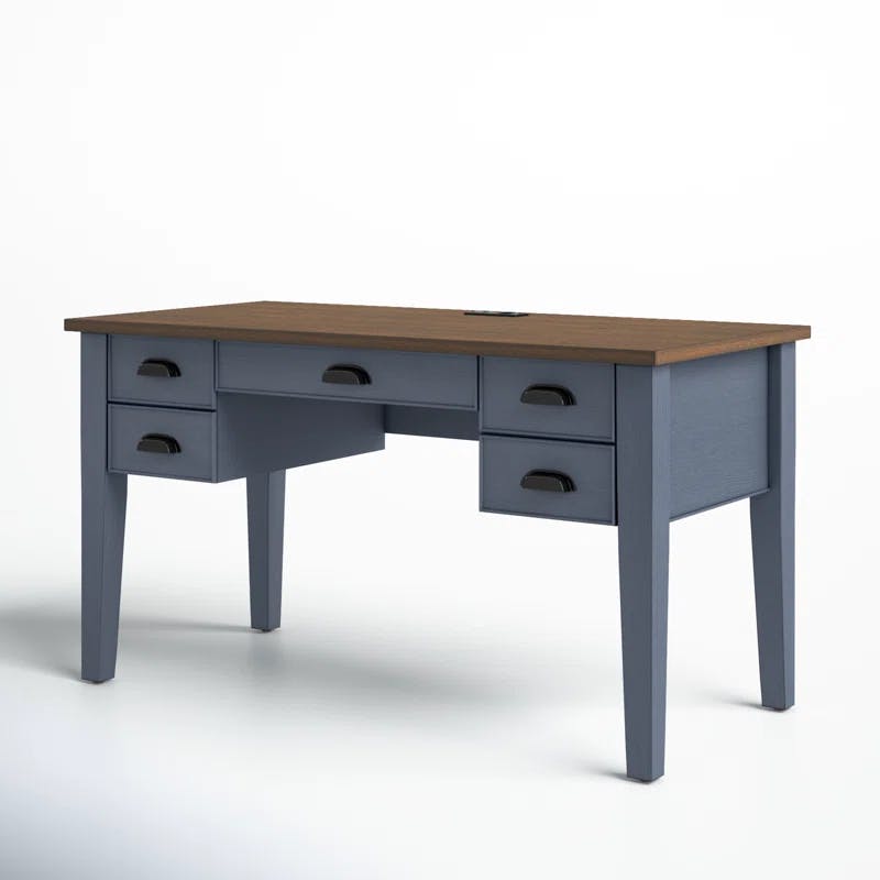 Transitional Blue-Brown Wood Executive Desk with Power Outlet and Drawers
