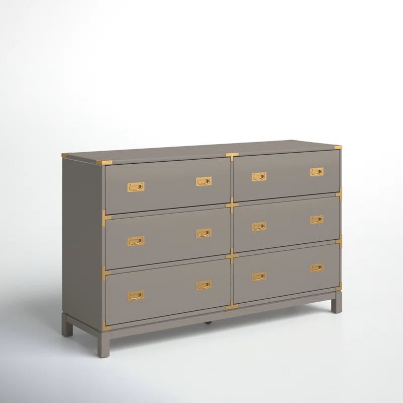 Kedric 6-Drawer Poplar Wood Dresser with Gold Accents in Gray