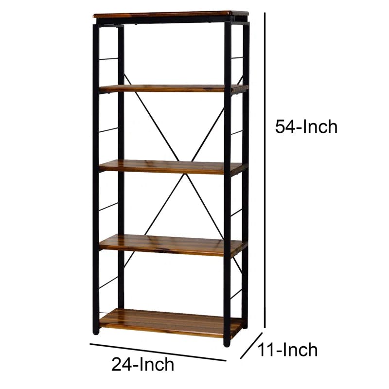 Industrial Oak Brown Bookshelf with Open Metal Frame and X-Shape Support