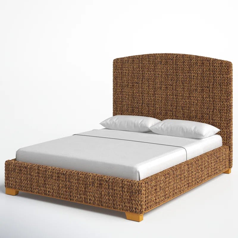 Cocoa Brown Queen Bed with Hand-Woven Banana Leaf Upholstery