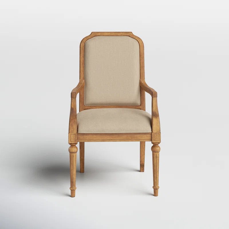 Beige Linen Upholstered Arm Chair with Wooden Legs