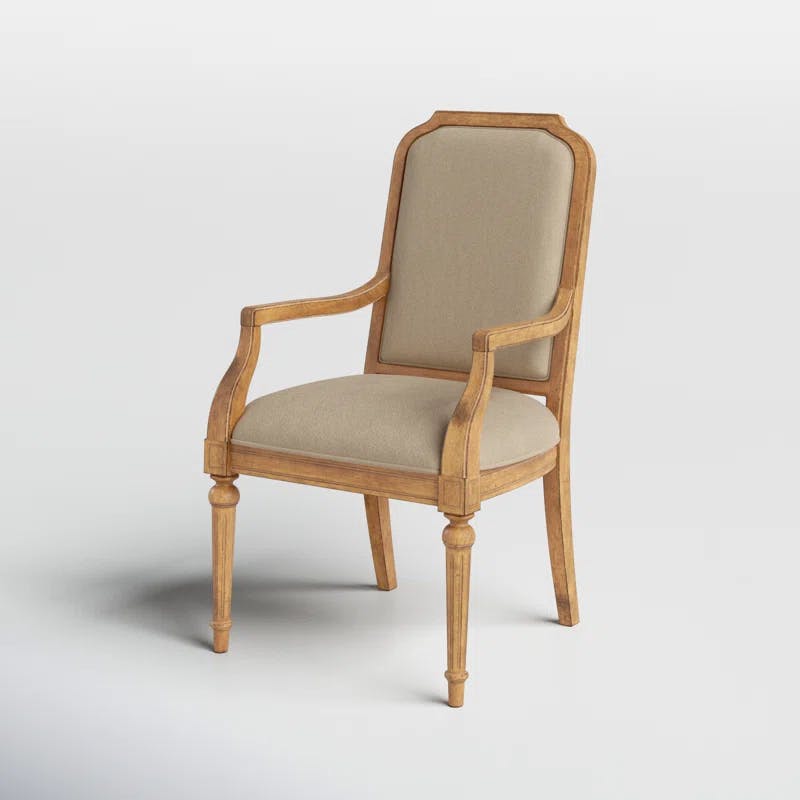 Beige Linen Upholstered Arm Chair with Wooden Legs