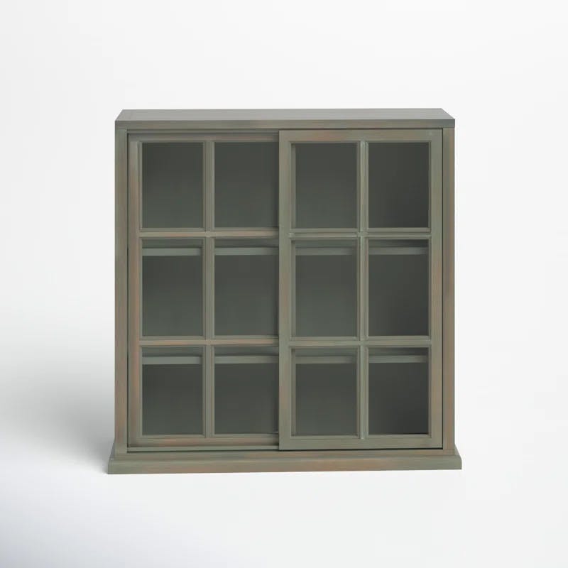 Transitional Gray Elm Wood 3-Tier Bookcase with Glass Doors