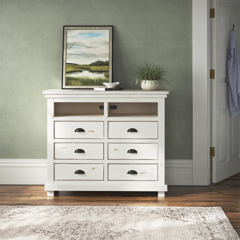 Wolferstorn Distressed White 6-Drawer Media Chest in Solid Pine