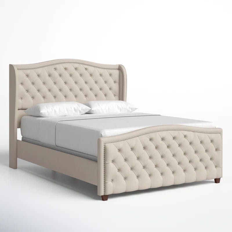 Sky Neutral Queen Upholstered Wingback Bed with Nailhead Trim
