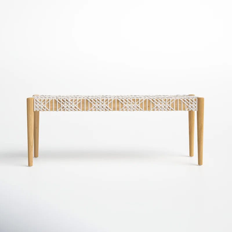 Transitional Natural Teak & Brown Leather Weave Bench, 47"