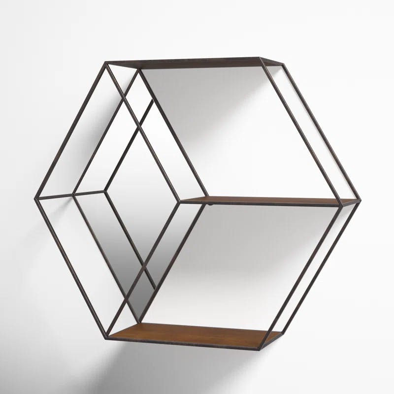 HexaShelf Rustic Brown Floating Hexagon Wall Shelf with Mirror